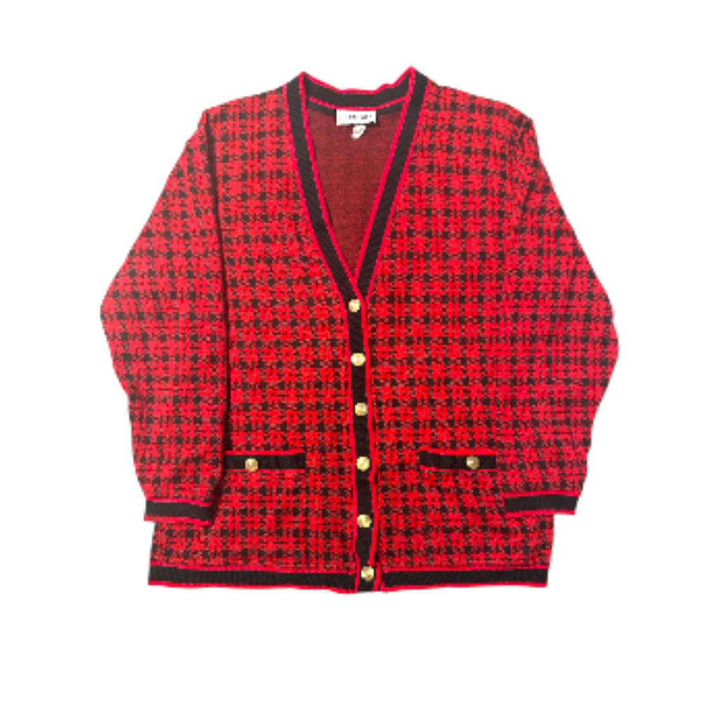 Vintage Eccobay Red Black Houndstooth Cardigan Sweater Gold Buttons Academia